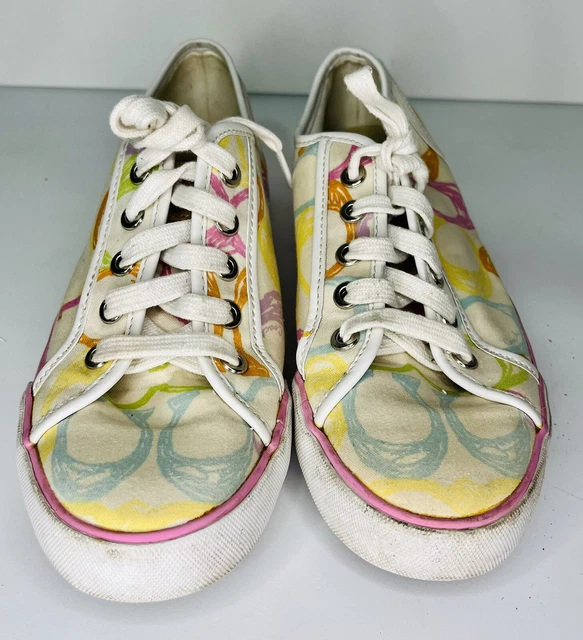 COACH SNEAKERS Women's Size 7 1/2 B Dee White Canvas Scribble Pastel Multi Color