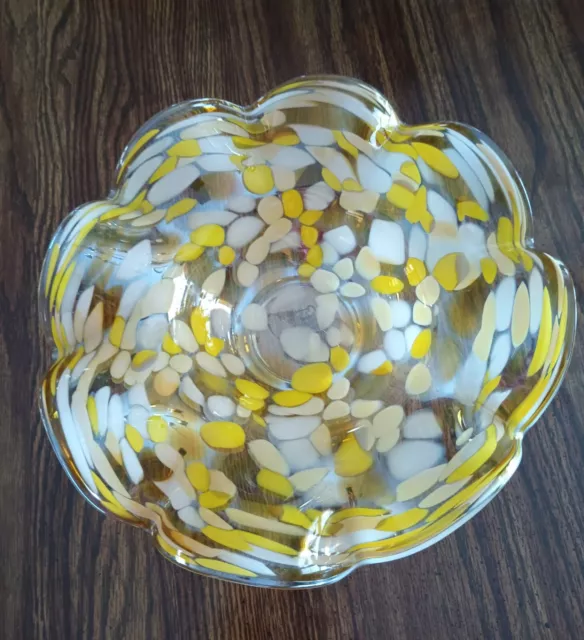 Art Glass Hand Blown Scalloped Bowl Clear Yellow White  Confetti Pattern