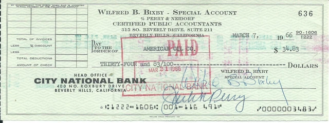 BILL BIXBY INCREDIBLE HULK FAVORITE MARTIAN VINTAGE 1966 SIGNED CHECK d. 1993