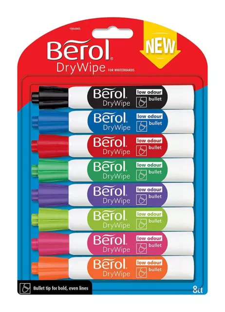 Berol Dry Wipe Bullet Tip Whiteboard Marker - Assorted Colours Pack of 8