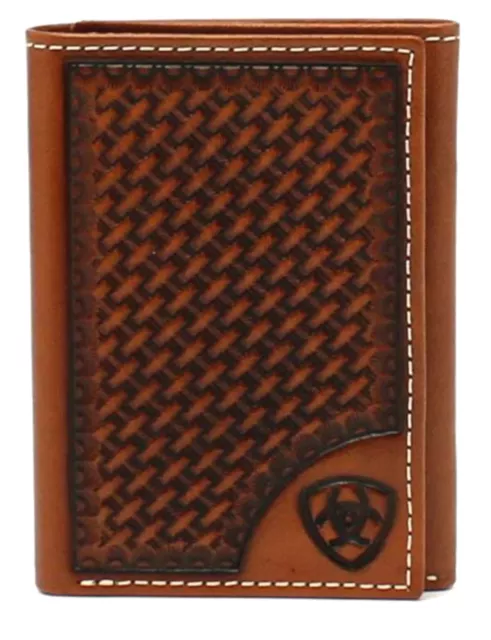 Ariat Mens Western Trifold Wallet Leather Basketweave Embossed Logo Tan A3550408