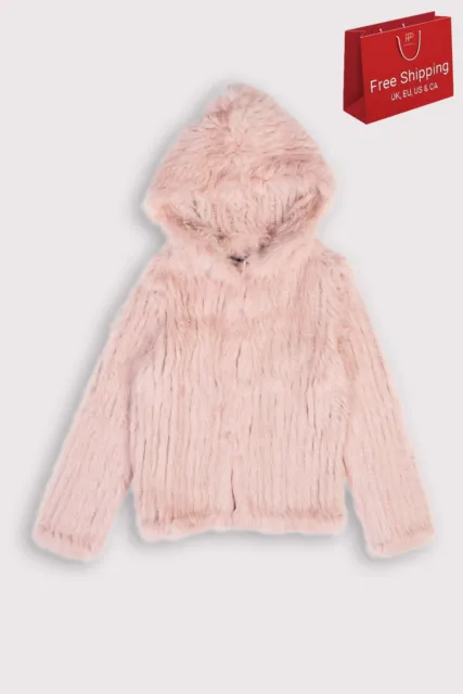 RRP €300 JOHN RICHMOND Rabbit Fur Jacket Size 6Y Pink Hook & Eye Hooded
