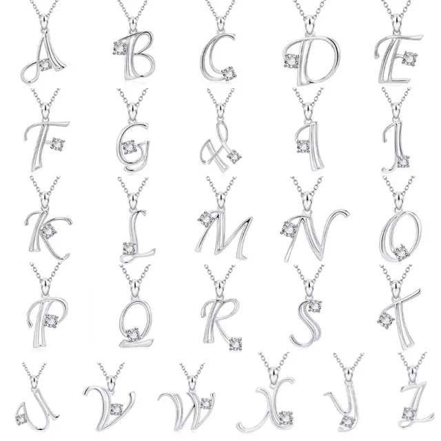 26 Letters 925 Sterling Solid Silver Crystal Pendant Charms Bead Necklace Chain