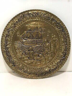Vintage Embossed Brass Decorative 14" Wall Plate Colonial Ship Made in England