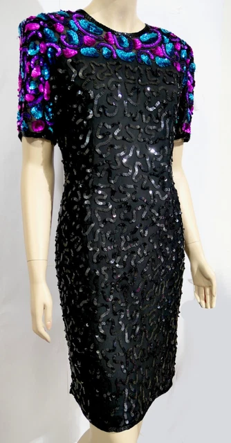 Vintage Stenay Silk Dress Sparkling Sequin Blue Pink L