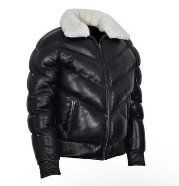 Mens Bubble V Bomber Sheepskin Leather Jacket In Brown With Fox Fur Collar