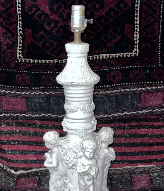 Large Neoclassical Antique Italian Cream Gilt Ceramic Putti Cherub Table Lamp 3