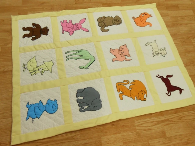 Vtg Antique Cat Puppy Lion Animals HAND APPLIQUE Embroidered Boy Girl BABY Quilt