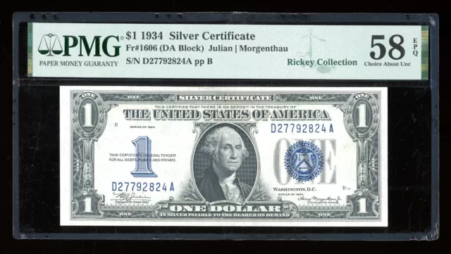 DBR 1934 $1 Silver Funnyback Fr. 1606 DA Block PMG 58 EPQ Serial D27792824A
