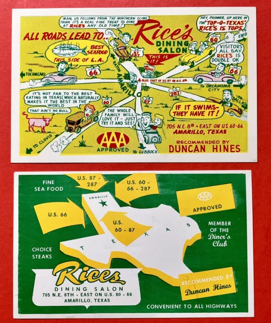 ROUTE 66 ~ AMARILLO, TX ~ RICE'S DINING SALON ~ 2 chrome postcards ~ 1950s
