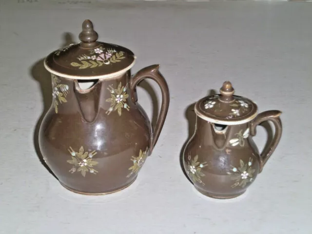 2 Antique French Brown Porcelain Pitchers Handle to the Side 19th C Jug|Creamer