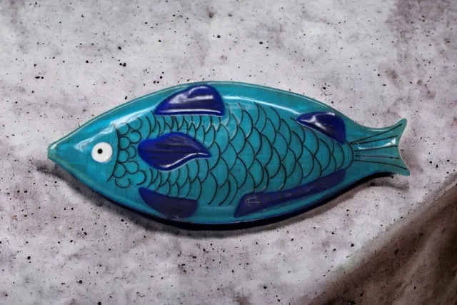 Vintage Fused Glass Fish Plate Dish Blue Nautical Ocean Beach Themed Art