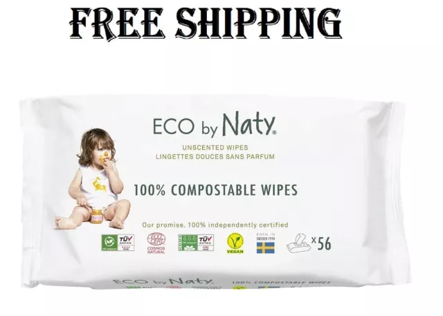 Eco by Naty Unscented Baby Wipes - 100% Compostable and 56 Count (Pack of 12)