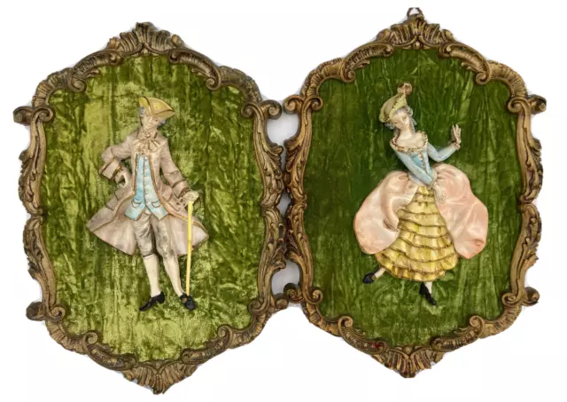 VTG 60's 3D Wall Plaque Baroque Victorian Couple Green Velvet 15" Lot of Two