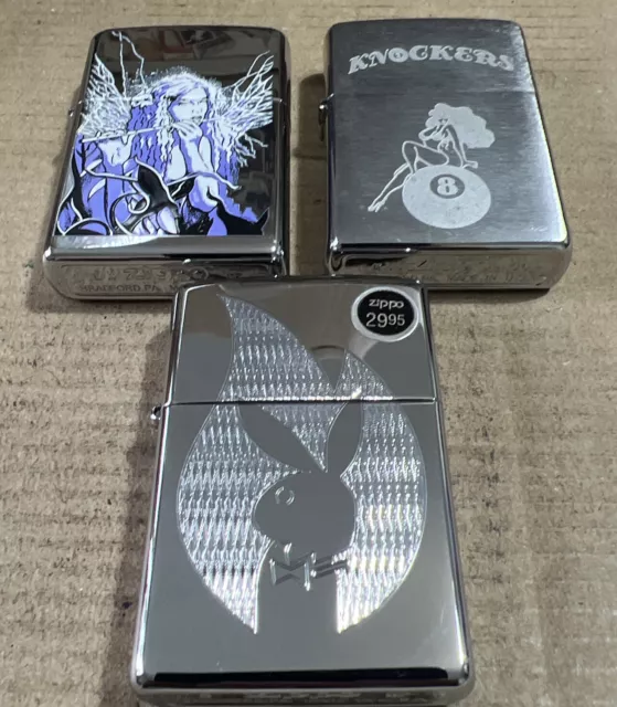 Zippo Windproof Lighter x 3 Sexy LOT Playboy, Knockers, Fairy 2006-2007 UNUSED