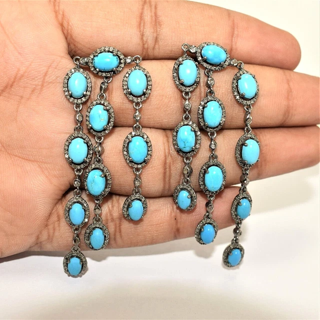 Pave Diamond And Turquoise Earrings 925 Sterling Silver Victorian Jewelry