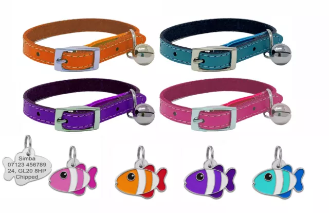 Leather Cat Collar with Safety Elastic, Bell & Personalised Engraved Fish Tag ID