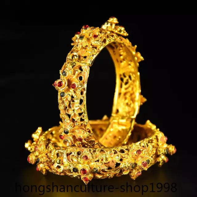 3.6'' Chinese Ancient dynasty bronze Gilt gem jewelry bracelet statue pair