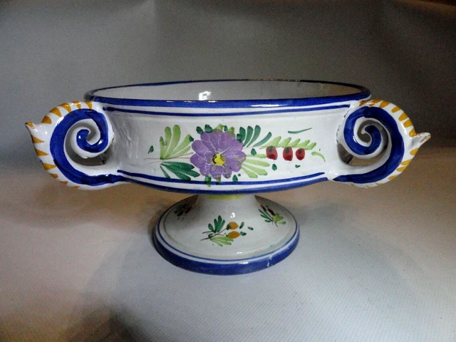 Compotier Sur Pied Faïence Bleu Et Or - Décor Floral Et Fruits - 1,100 Kg - Occasion