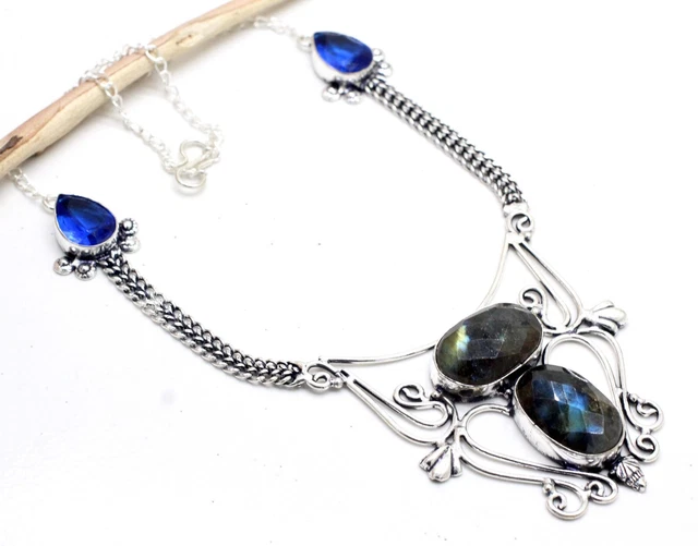 925 Sterling Silver Labradorite & Tanzanite Gemstone Jewelry Necklace Size-17-18