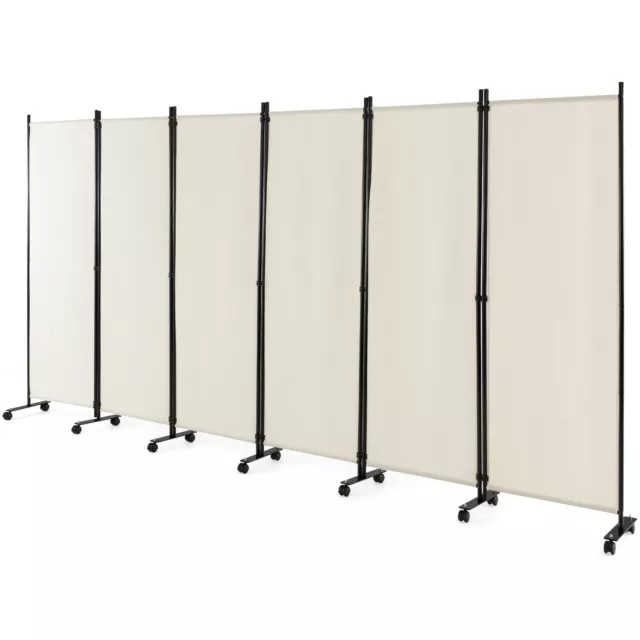 6-Panel Folding Room Divider 6FT Rolling Privacy Screen w/ Lockable Wheels White