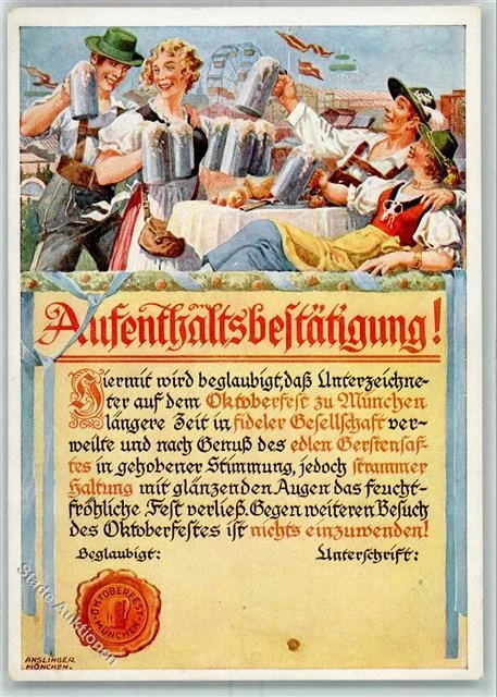 39127545 - 8000 Muenchen Oktoberfest Aufenthaltsbestaetigung Paare Bierkruege