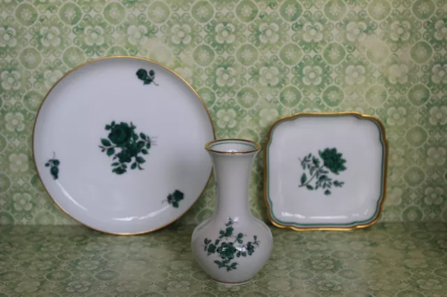 Royal Vienna Augarten Wien Porcelain Bud Vase Small Plates Dish Green Rose Set