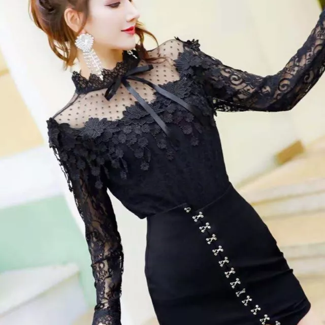 Ruffels Lady Lace Shirt Tops Pullover Blouse Hollow Mesh T-shirt Embroidery Slim