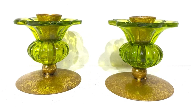 Ancienne Paire de Bougeoirs en Verre et laiton