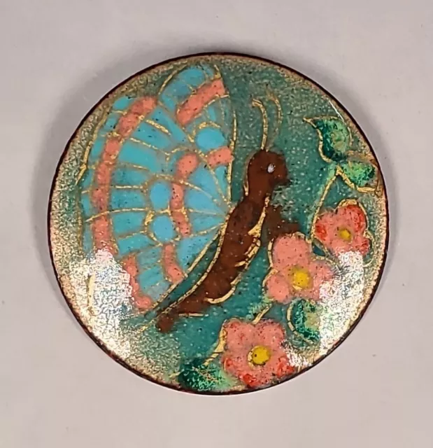 Vintage Brooch Pin Hand Painted Enamel on Copper Butterfly Floral Round