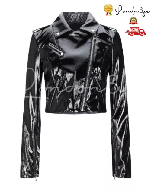 Women PVC Vinyl Cropped Biker Patent Faux Leather Motorbike  Motorcycle Jacket