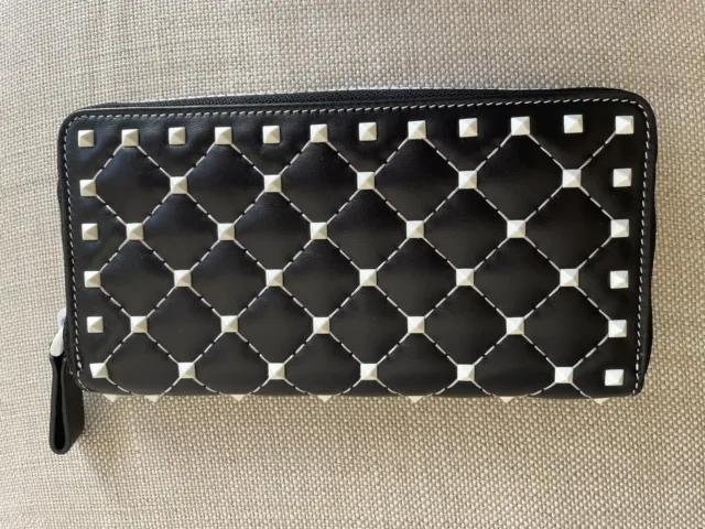 Valentino Rockstud Black Leather with White studs Zip around Wallet