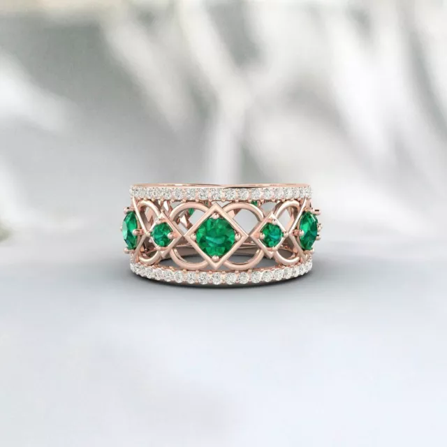 Lab Created Emerald 925 Sterling Silver Rose Gold Prong Stacking Matching Band
