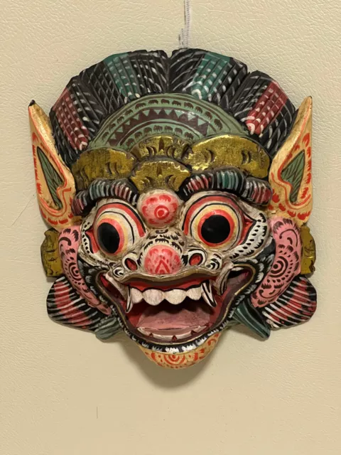 Wood Carved Mask Barong Tiger Red Made in Indonesian Wall Hanging Folk Art