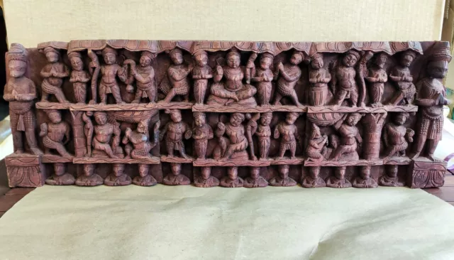 Rare Large Old Handmade Wood Carved Hindu God Goddess Figures Wall Door Panel