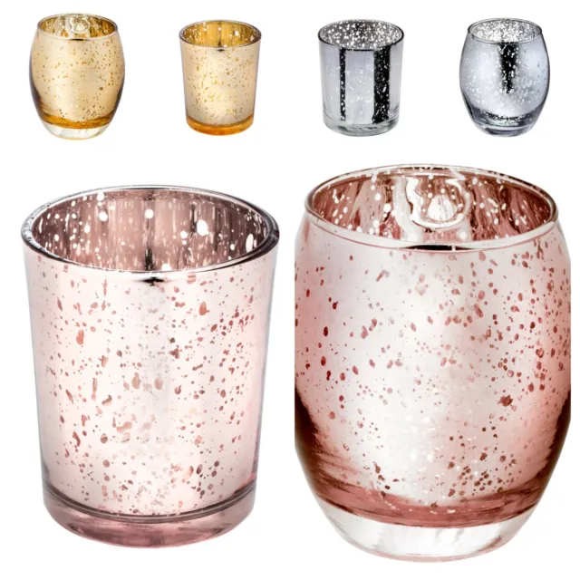 Tarros de vidrio para velas con luz de té. Oro rosa plata. Pieza central votiva Mercury