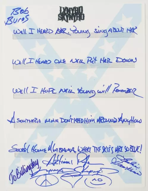 LYNYRD SKYNYRD Signed Autograph "Sweet Home Alabama" Handwritten Lyrics by 5 JSA