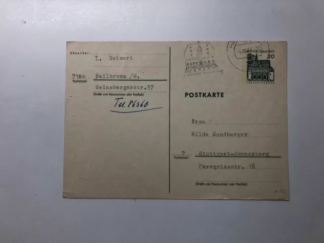 Bund Ganzsache Postkarte gestempelt Heilbronn 20 Pfennig P 85 Lorsch Torhalle 64