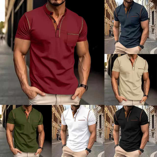 Men's Short Sleeves Shirts Color Block Casual Golf Sport Slim Fit T Shirts Tops~