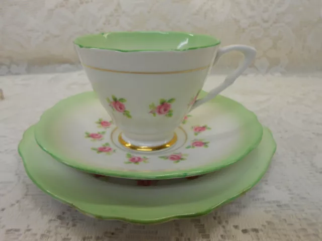 Vintage Bone China Tea Set Trio Mint Green Ditsy Pink Roses Cup Saucer Plate