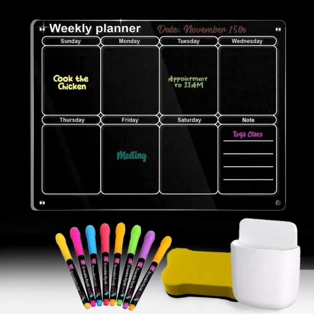 Acrylic Magnetic Weekly Calendar for Fridge W/ 8 Color Markers Dry Erase Board