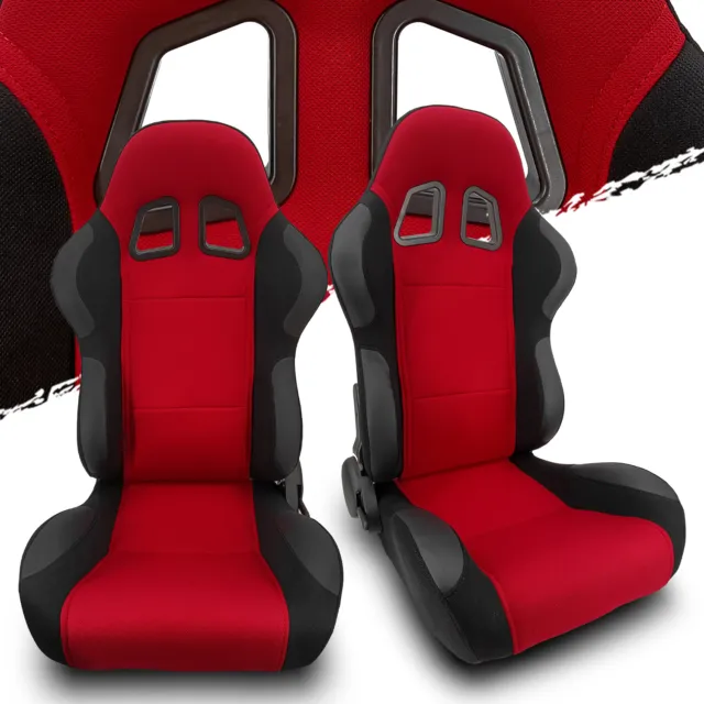 Black Red Fabric/PVC Leather Left/Right Recaro Style Racing Car Seats