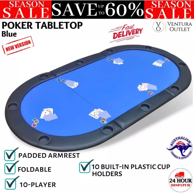 Folding Poker Card Casino Table Top Mat with Cup Holders and Carry Bag - Blue