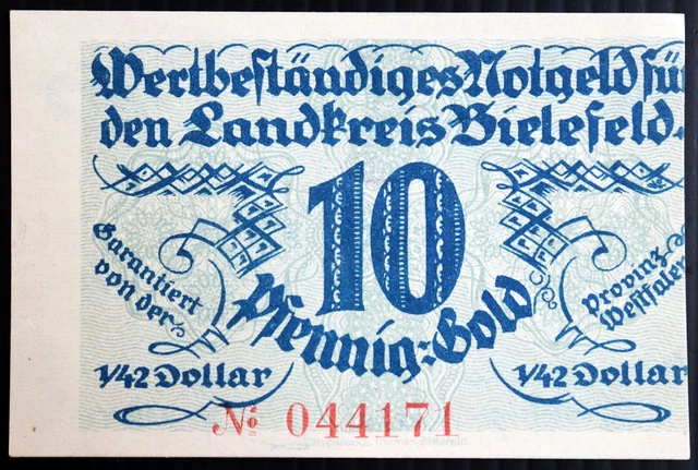 Error BIELEFELD 1923 "Landkreis" 10 Pfennig Gold = 1/42 US Dollar German Notgeld