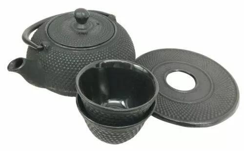 Japanese Imperial Dots Black Cast Iron Teapot Set With Trivet and Cups Serves 2 3