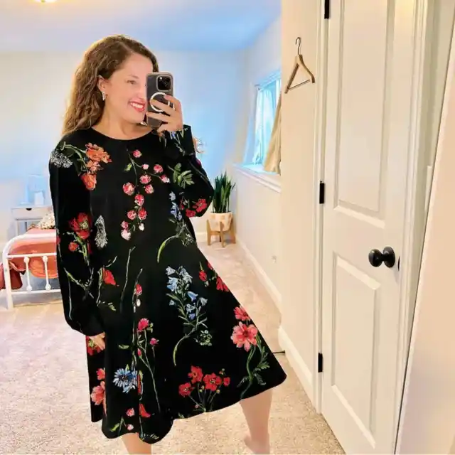 NWT Lela Rose Black Multicolored Floral Long Sleeve Dress 20