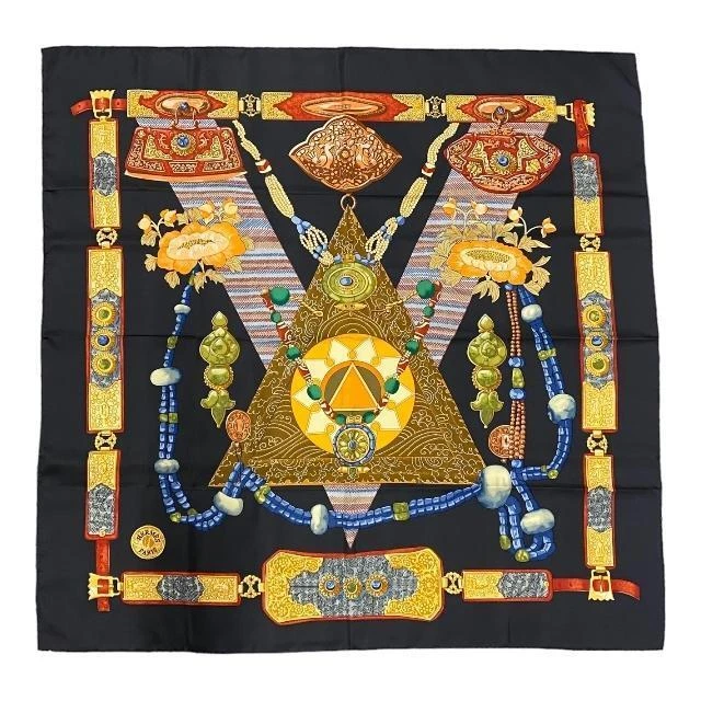 Hermes Carre 90 silk 100% scarf TIBET black multi color Ladies beauty used