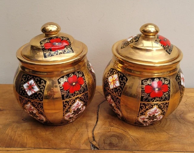 Pair of Gold IMARI SGB Decorative Jars with Covers Henrys