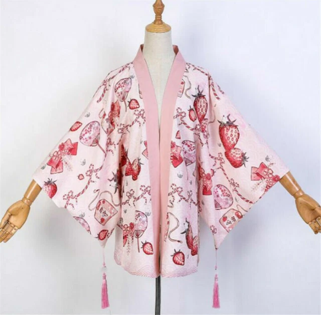 Japanese Style Kimono Jacket Red Cute Strawberry Long Haori Coat 6 Patterns