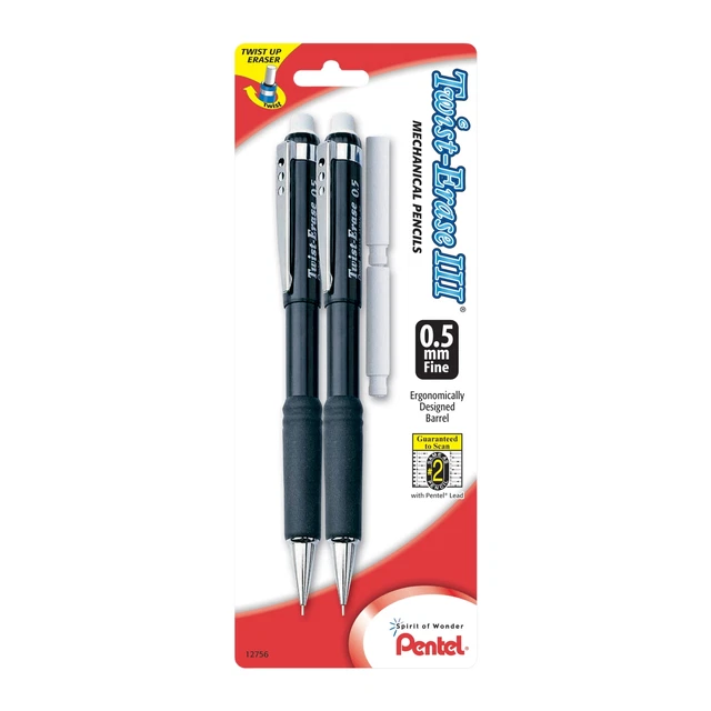 Pentel Twist-Erase III Mechanical Pencils, 0.5 mm, Assorted Barrel Colors, 2-Pk